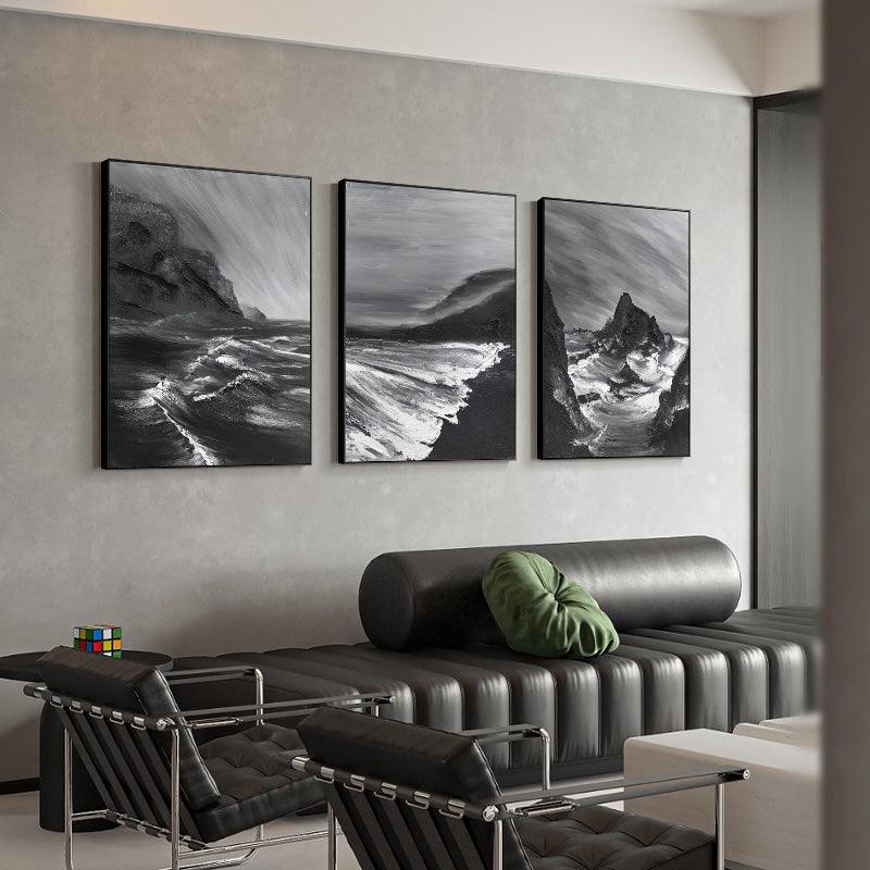 Wabi Sabi 3-piece Black Texture Ocean Waves Set of 3 Oil Painting - kalapaint