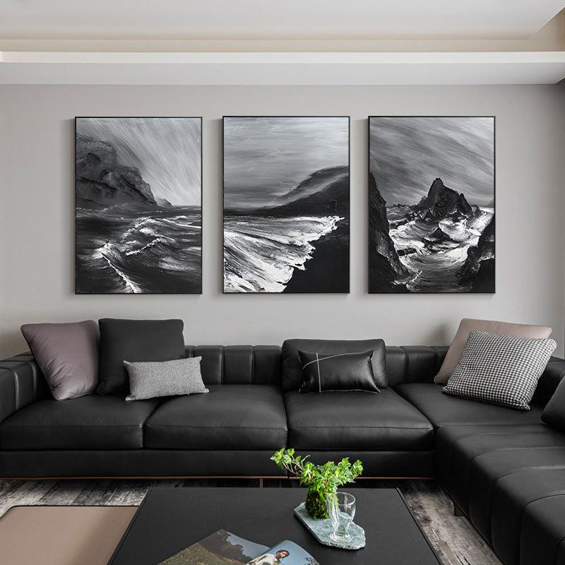 Wabi Sabi 3-piece Black Texture Ocean Waves Set of 3 Oil Painting - kalapaint