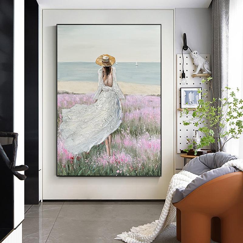 Large Seaside Scenery Oil Painting American Style View of Girl's Back Entrance Corridor - kalapaint