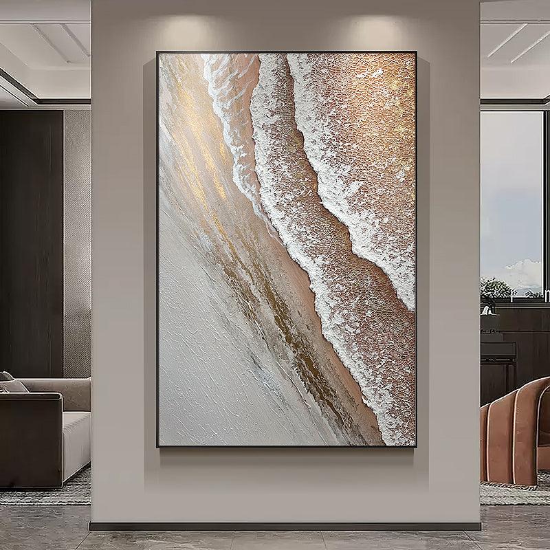 Abstract Minimalist Gold and Beige Ocean Beach Waves Oil Painting - kalapaint