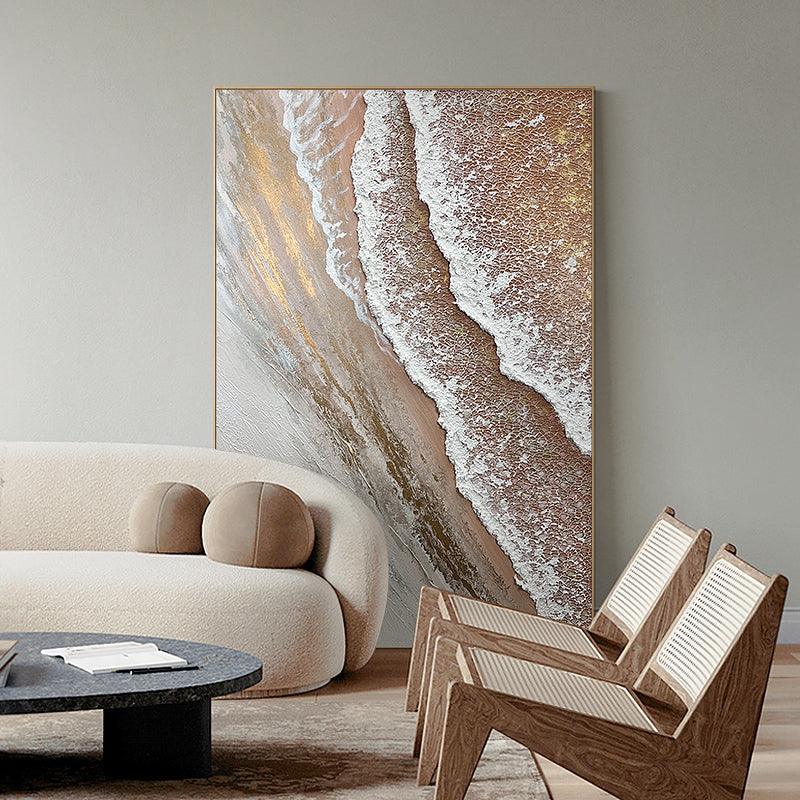 Abstract Minimalist Gold and Beige Ocean Beach Waves Oil Painting - kalapaint