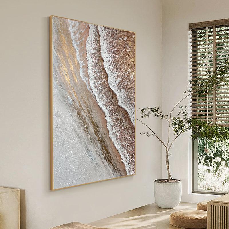 Abstract Minimalist Gold and Beige Ocean Beach Waves Oil Painting - kalapaint