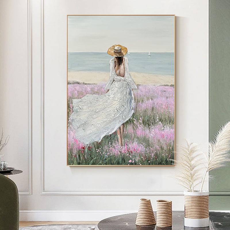 Large Seaside Scenery Oil Painting American Style View of Girl's Back Entrance Corridor - kalapaint
