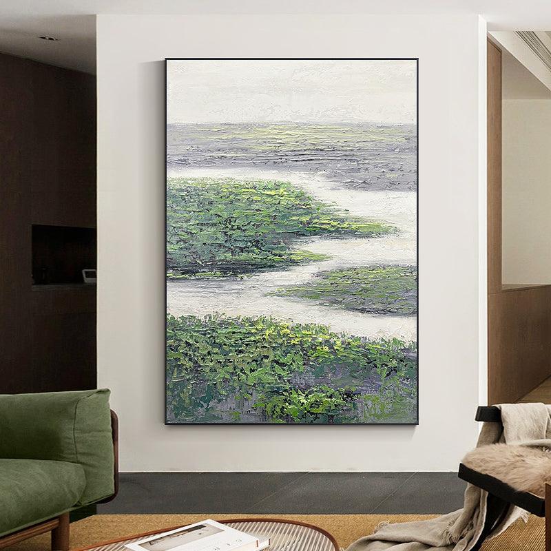 Abstract Landscape Oil Painting Green Streamlet Textured Acrylic Wall Art - kalapaint